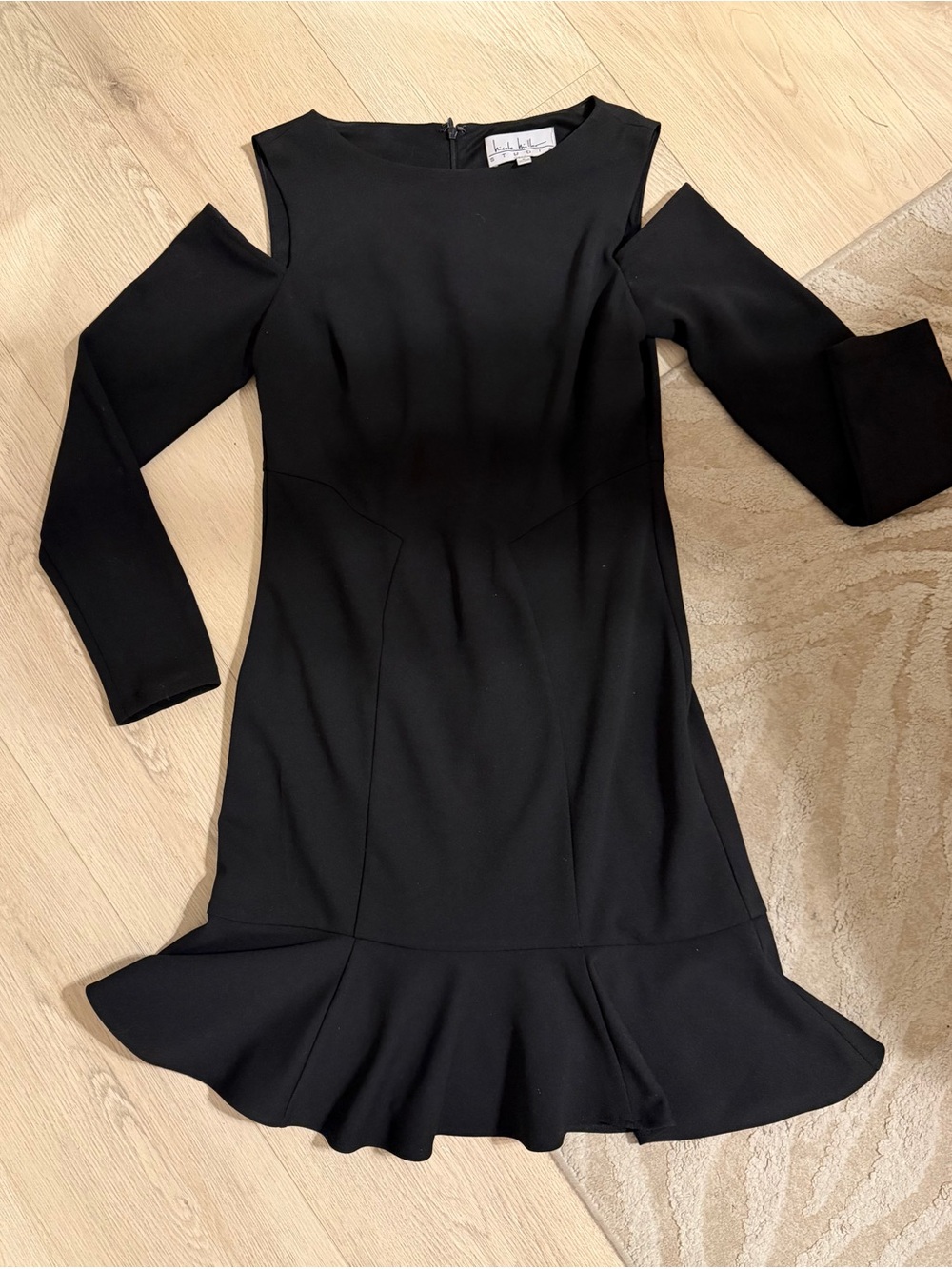 Nicole Miller Black Cold-Shoulder Ruffle Hem Dress